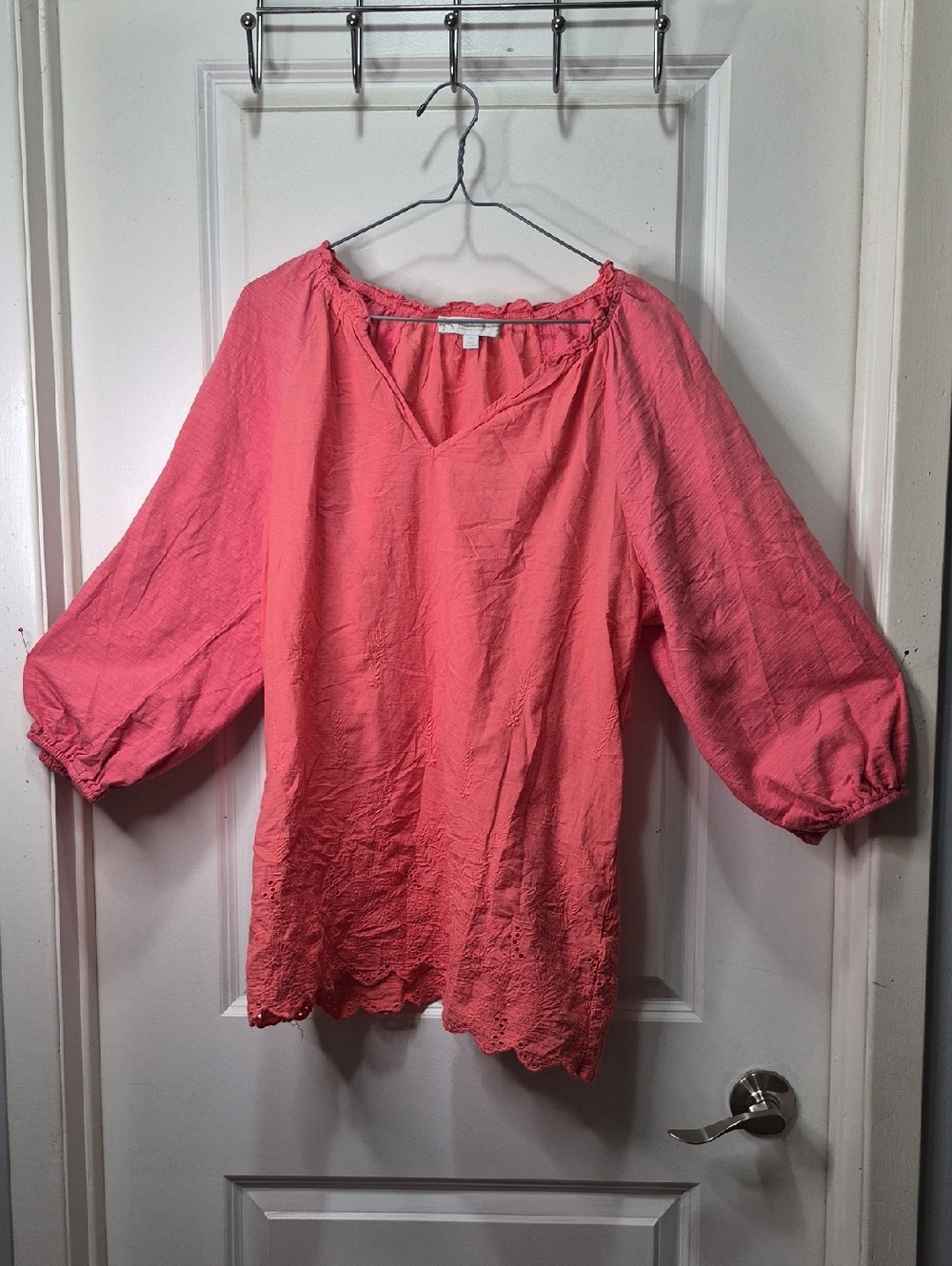Suzanne Betro Coral Peasant Tunic Blouse Boho